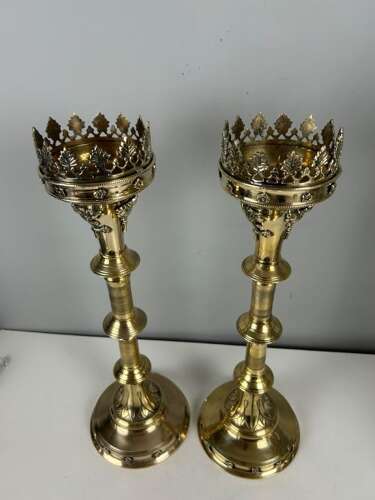 Pair of French Polished Brass Church Pricket Candlesticks, c1900