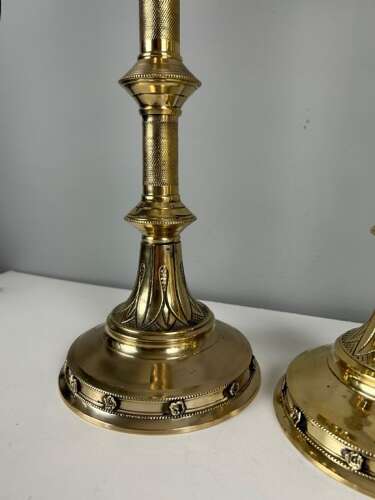 Pair of French Polished Brass Church Pricket Candlesticks, c1900