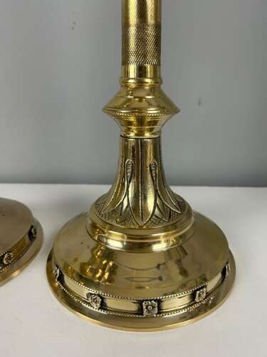 Pair of French Polished Brass Church Pricket Candlesticks, c1900