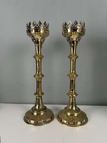 Pair of French Polished Brass Church Pricket Candlesticks, c1900