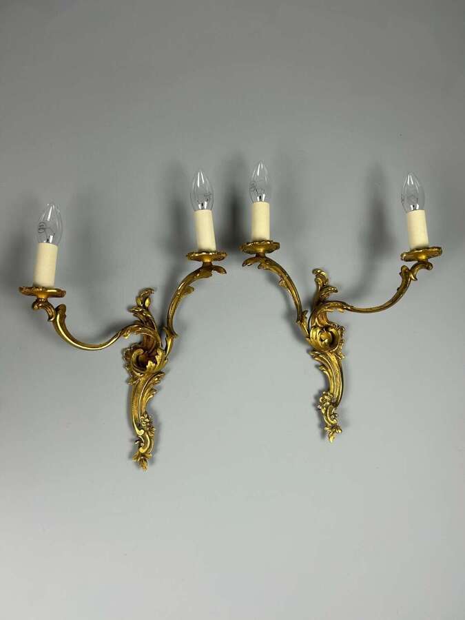 Pair Of French Gilded Bronze Antique Wall Lights, Rewired