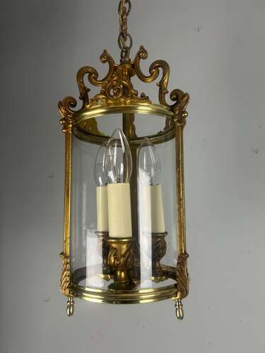 French Gilded Bronze Triple Light Hall Lantern, Rewired