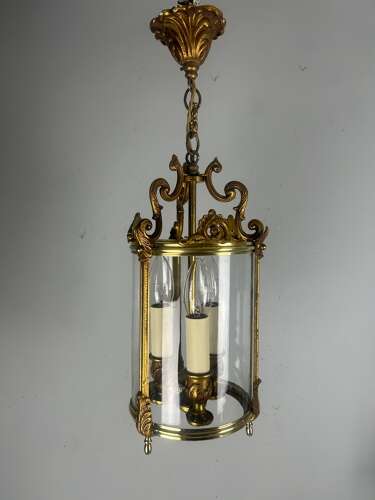 French Gilded Bronze Triple Light Hall Lantern, Rewired
