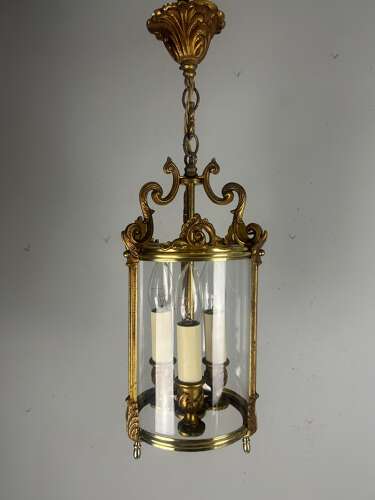 French Gilded Bronze Triple Light Hall Lantern, Rewired