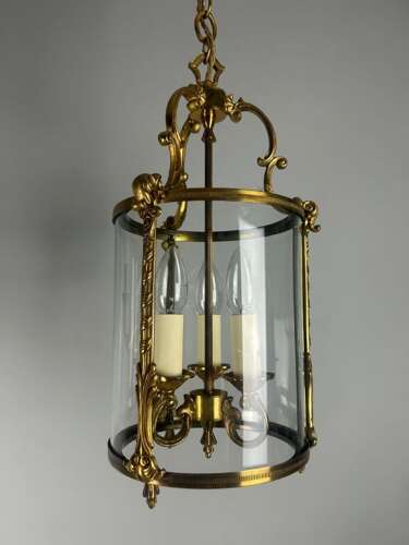 French Gilded Triple Light Convex Hall Lantern