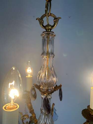 French 3 Arm Gilt Brass Crystal Chandelier