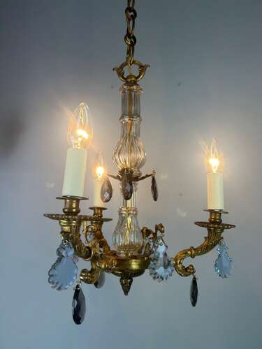 French 3 Arm Gilt Brass Crystal Chandelier