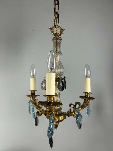 French 3 Arm Gilt Brass Crystal Chandelier