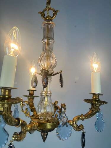 French 3 Arm Gilt Brass Crystal Chandelier