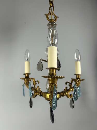 French 3 Arm Gilt Brass Crystal Chandelier