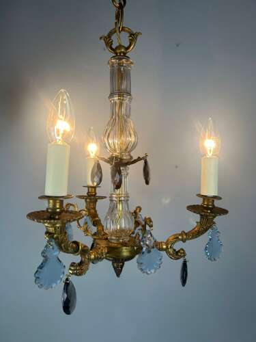 French 3 Arm Gilt Brass Crystal Chandelier
