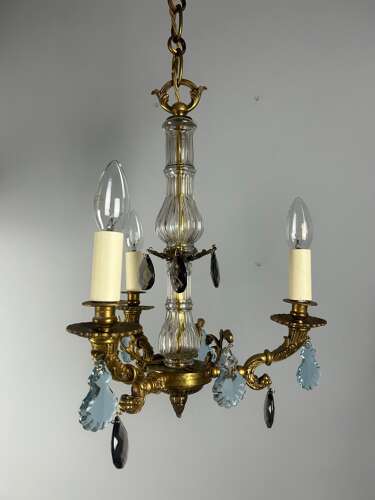 French 3 Arm Gilt Brass Crystal Chandelier