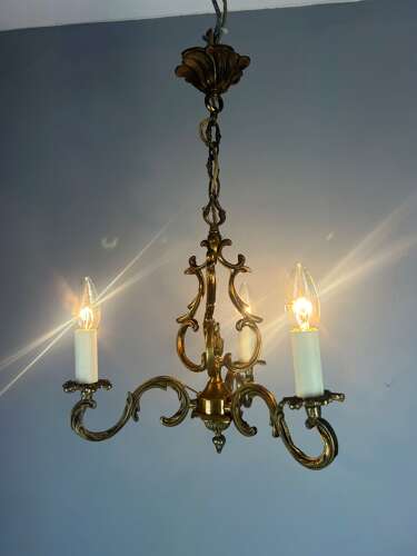 French Triple Arm Gilt Brass Chandelier, Ceiling Light, Rewired