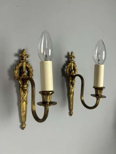 French Pair Of Single Arm Antique Brass Wall Lights
