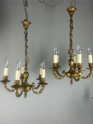 Pair of French Gilded Bronze 5 Light Antique Chandeliers
