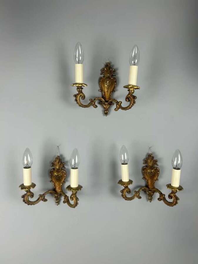 Set Of 3 French Gilded Brass Rococo Antique Wall Lights