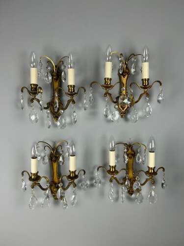 Set of 4 French Gilded Twin Arm Crystal Antique Wall Lights