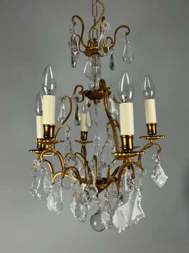 French Brass & Crystal 6 Light Birdcage Chandelier