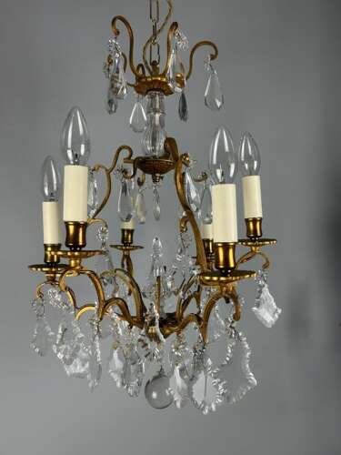 French Brass & Crystal 6 Light Birdcage Chandelier