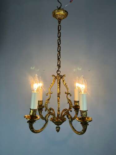 Small French Gilt Brass 4 Light Chandelier, Ceiling Light