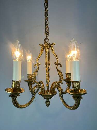 Small French Gilt Brass 4 Light Chandelier, Ceiling Light