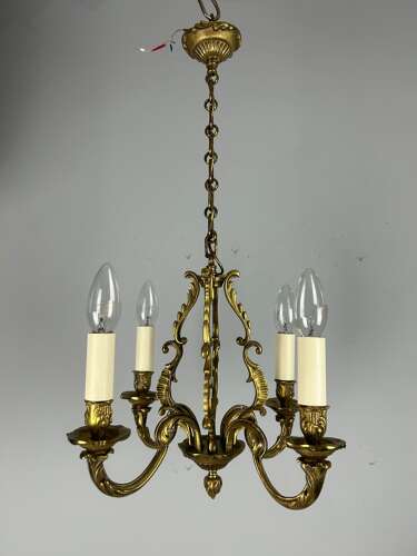 Small French Gilt Brass 4 Light Chandelier, Ceiling Light