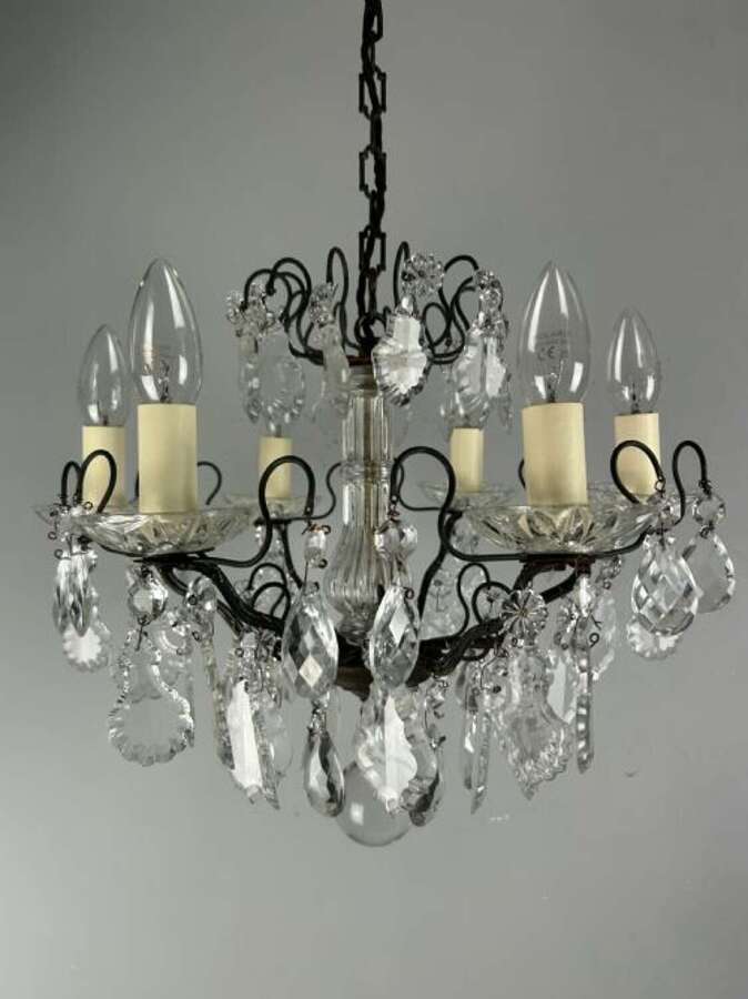 Antique French Dark Brass 6 Light Crystal Chandelier