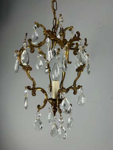 French Single Light Gilt Brass Crystal Antique Chandelier, Ceiling Light
