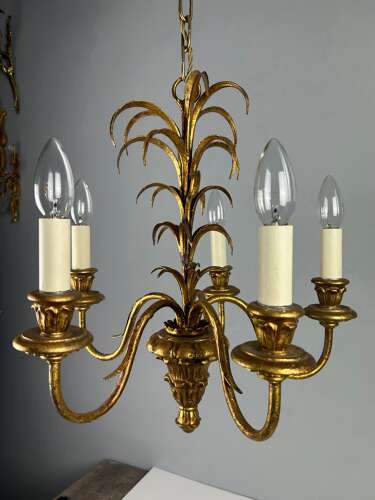 French 5 Light Hollywood Gilt Branch Chandelier , Ceiling Light, Rewired