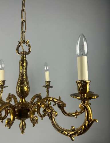 Large French Gilded Brass 6 Light Antique Chandelier