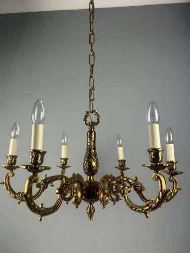 Large French Gilded Brass 6 Light Antique Chandelier