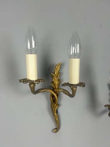 Small Pair Of French Gilt Brass Antique Wall Lights, Rewired