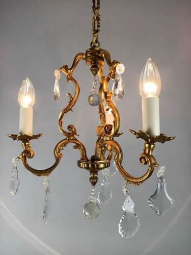 French Gilded Bronze Crystal Triple Light Antique Chandelier