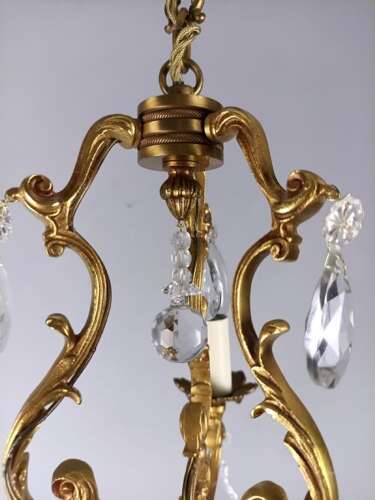 French Gilded Bronze Crystal Triple Light Antique Chandelier