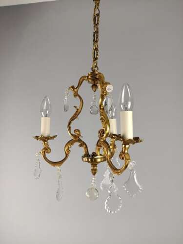 French Gilded Bronze Crystal Triple Light Antique Chandelier