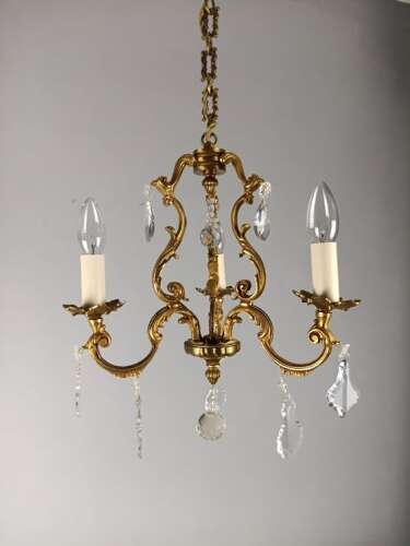 French Gilded Bronze Crystal Triple Light Antique Chandelier