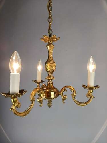 French Gilded Brass Triple Light Antique Chandelier