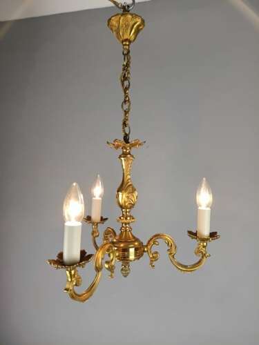 French Gilded Brass Triple Light Antique Chandelier