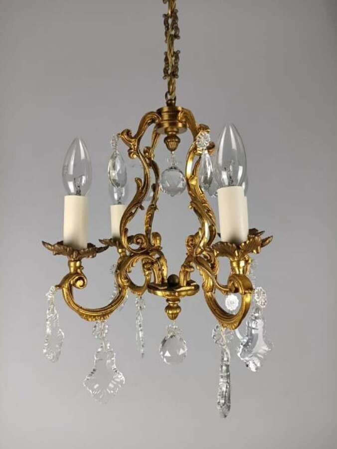 French Gilded & Crystal 4 Light Chandelier
