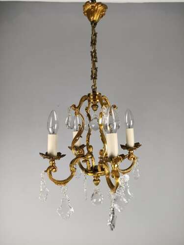 French Gilded & Crystal 4 Light Chandelier