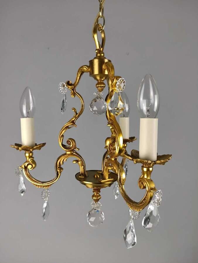 French Gilt Brass Crystal Triple Light Antique Chandelier