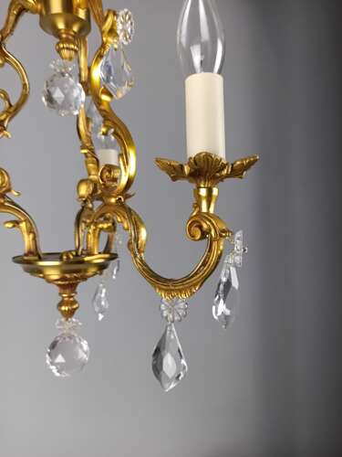French Gilt Brass Crystal Triple Light Antique Chandelier