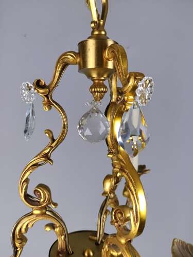 French Gilt Brass Crystal Triple Light Antique Chandelier