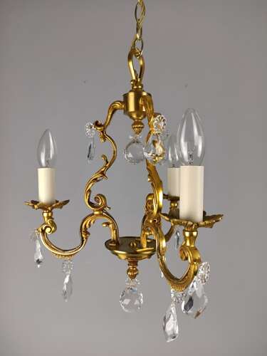 French Gilt Brass Crystal Triple Light Antique Chandelier