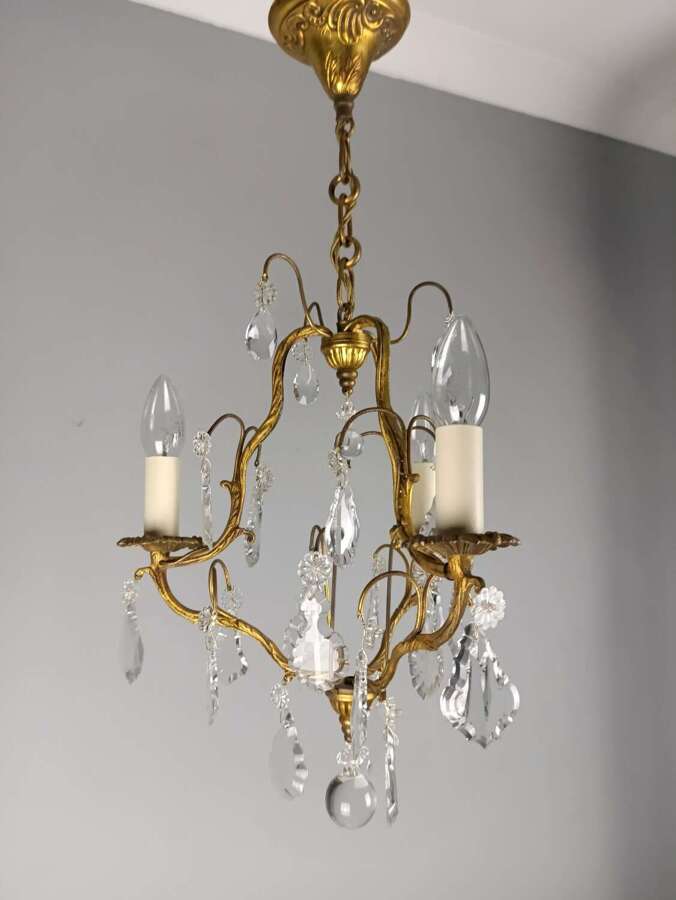 French Gilt Brass Crystal Triple Light Antique Chandelier