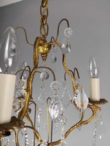 French Gilt Brass Crystal Triple Light Antique Chandelier