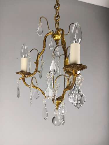 French Gilt Brass Crystal Triple Light Antique Chandelier