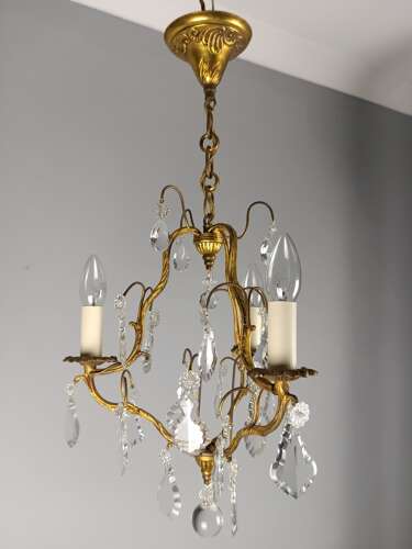 French Gilt Brass Crystal Triple Light Antique Chandelier