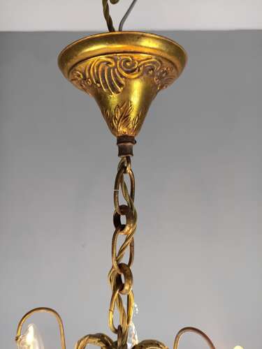 French Gilt Brass Crystal Triple Light Antique Chandelier