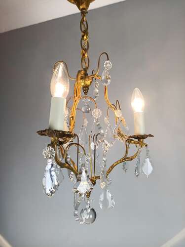French Gilt Brass Crystal Triple Light Antique Chandelier